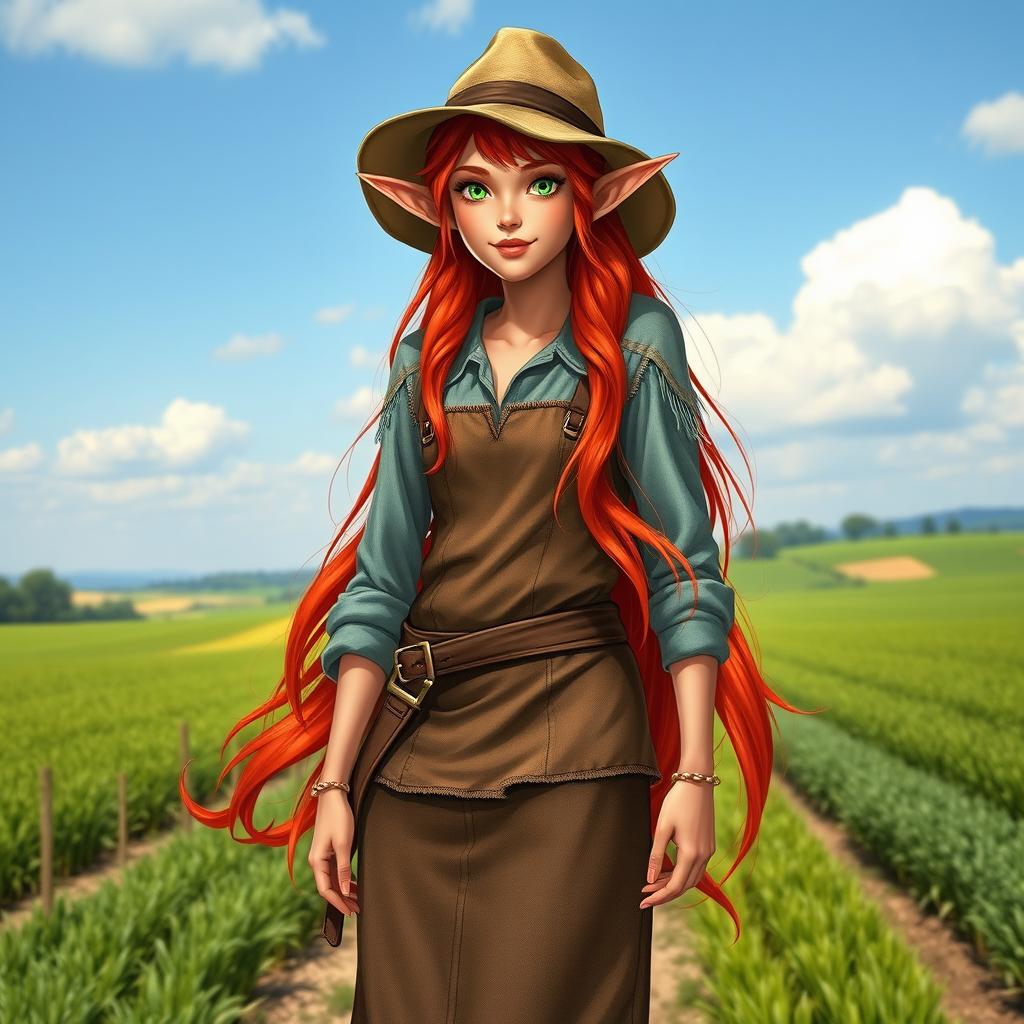 A full-length picture of a half-elf female farmer, capturing her essence with vibrant red hair flowing gracefully down her back