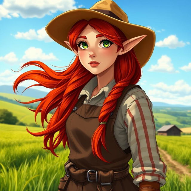 A full-length picture of a half-elf female farmer, capturing her essence with vibrant red hair flowing gracefully down her back