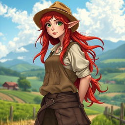 A full-length picture of a half-elf female farmer, capturing her essence with vibrant red hair flowing gracefully down her back