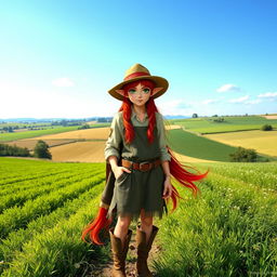 A full-length picture of a half-elf female farmer, capturing her essence with vibrant red hair flowing gracefully down her back