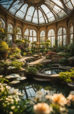 A detailed, in-focus, HD photograph of a rococo-style botanical conservatory with stained glass floral designs