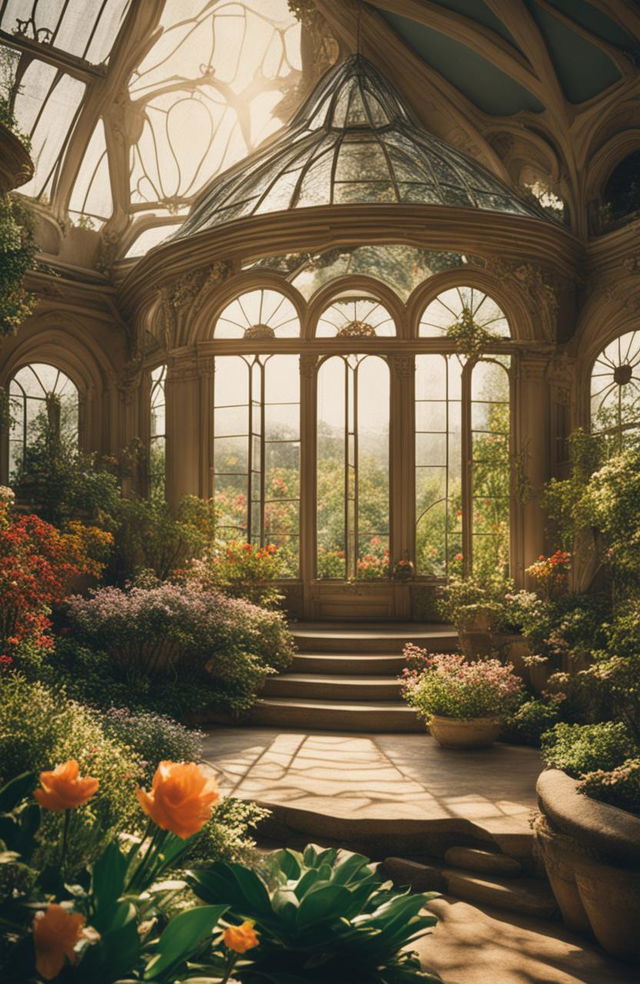 A detailed, in-focus, HD photograph of a rococo-style botanical conservatory with stained glass floral designs