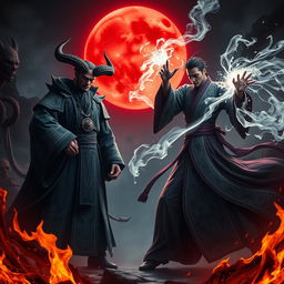 A dramatic showdown between a formidable Chinese Judge of the Devil and a powerful Vietnamese magician, set in a dark hellscape