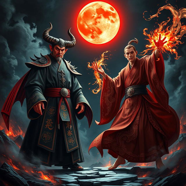 A dramatic showdown between a formidable Chinese Judge of the Devil and a powerful Vietnamese magician, set in a dark hellscape