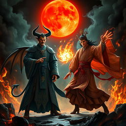 A dramatic showdown between a formidable Chinese Judge of the Devil and a powerful Vietnamese magician, set in a dark hellscape