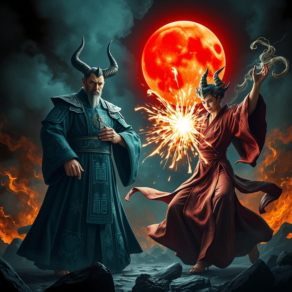 A dramatic showdown between a formidable Chinese Judge of the Devil and a powerful Vietnamese magician, set in a dark hellscape