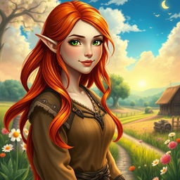 A full-length picture of a half-elf female farmer, styled in a fantasy theme