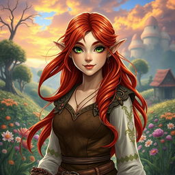 A full-length picture of a half-elf female farmer, styled in a fantasy theme