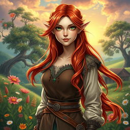 A full-length picture of a half-elf female farmer, styled in a fantasy theme