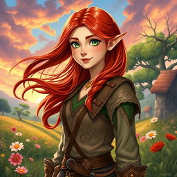 A full-length picture of a half-elf female farmer, styled in a fantasy theme