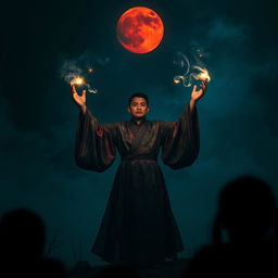 A captivating Vietnamese magician standing confidently in a mysterious dark night, surrounded by swirling mist and faintly glowing symbols