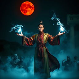 A captivating Vietnamese magician standing confidently in a mysterious dark night, surrounded by swirling mist and faintly glowing symbols