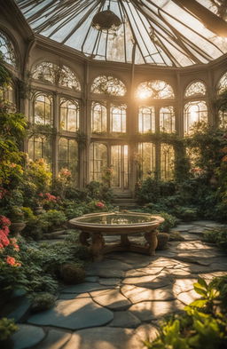 A detailed, in-focus, HD photograph of a rococo-style botanical conservatory with stained glass floral designs