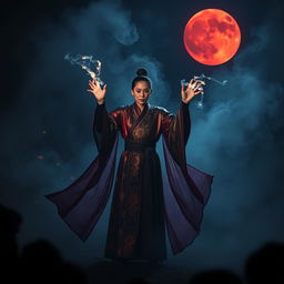 A captivating Vietnamese magician standing confidently in a mysterious dark night, surrounded by swirling mist and faintly glowing symbols