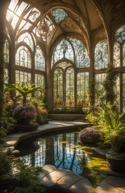 An in-focus, HD photograph of a magnificent rococo-style botanical conservatory with intricate stained glass floral designs