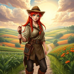 A full-body picture of a half-elf female farmer, depicted in a Dungeons & Dragons style