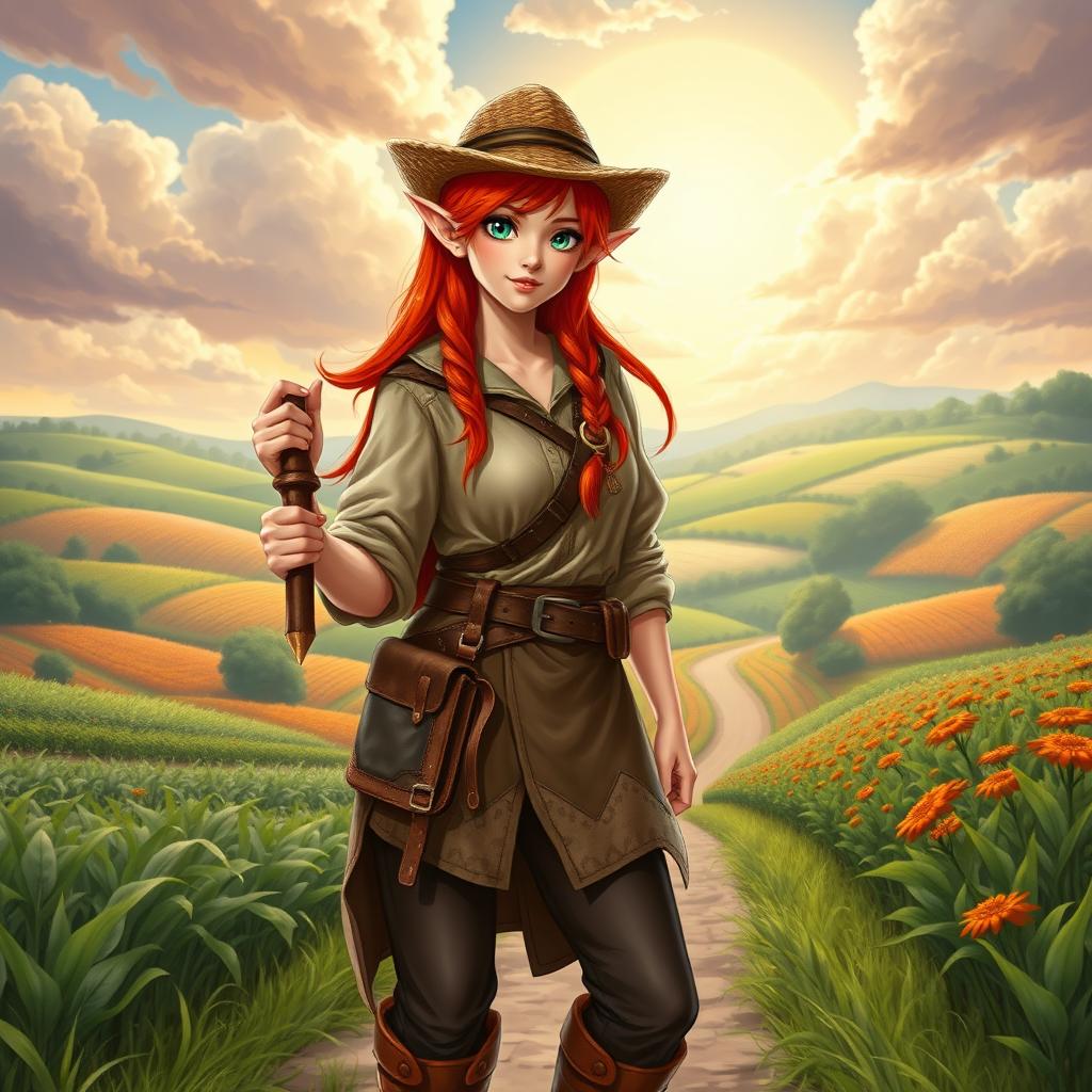 A full-body picture of a half-elf female farmer, depicted in a Dungeons & Dragons style