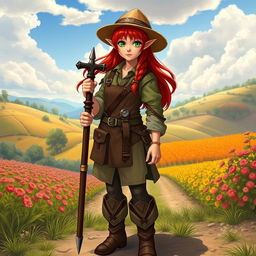 A full-body picture of a half-elf female farmer, depicted in a Dungeons & Dragons style