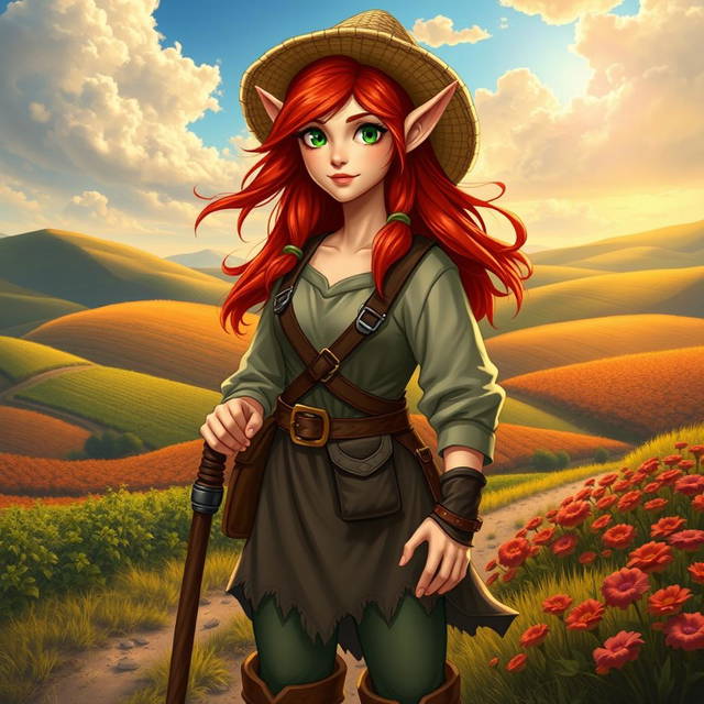 A full-body picture of a half-elf female farmer, depicted in a Dungeons & Dragons style