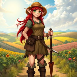 A full-body picture of a half-elf female farmer, depicted in a Dungeons & Dragons style