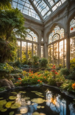 An in-focus, HD photograph of a magnificent rococo-style botanical conservatory with intricate stained glass floral designs