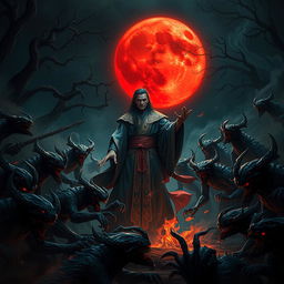 A scene depicting a great Vietnamese mage surrounded by a horde of menacing demons in a dark night setting
