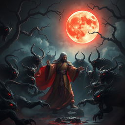 A scene depicting a great Vietnamese mage surrounded by a horde of menacing demons in a dark night setting