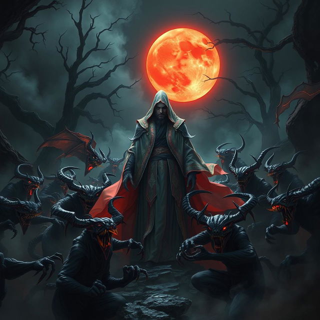 A scene depicting a great Vietnamese mage surrounded by a horde of menacing demons in a dark night setting