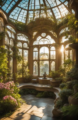 An in-focus, HD photograph of a magnificent rococo-style botanical conservatory with intricate stained glass floral designs