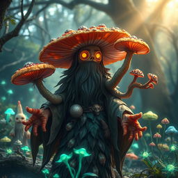 A mystical mushroom druid with intricate details, featuring vibrant mushroom fingers that resemble various species of fungi