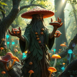 A mystical mushroom druid with intricate details, featuring vibrant mushroom fingers that resemble various species of fungi