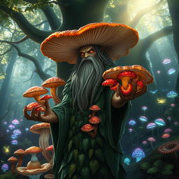 A mystical mushroom druid with intricate details, featuring vibrant mushroom fingers that resemble various species of fungi