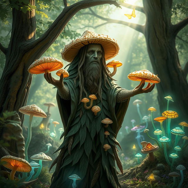 A mystical mushroom druid with intricate details, featuring vibrant mushroom fingers that resemble various species of fungi