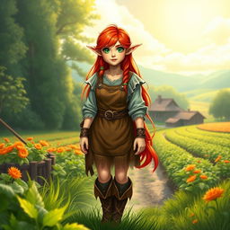 A full body fantasy style picture of a female half-elf farmer, featuring her vibrant red hair cascading down her shoulders and framing her face