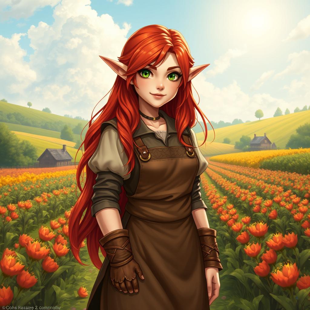 A full body fantasy style picture of a female half-elf farmer, featuring her vibrant red hair cascading down her shoulders and framing her face