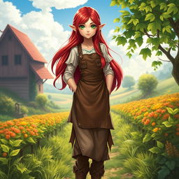 A full body fantasy style picture of a female half-elf farmer, featuring her vibrant red hair cascading down her shoulders and framing her face