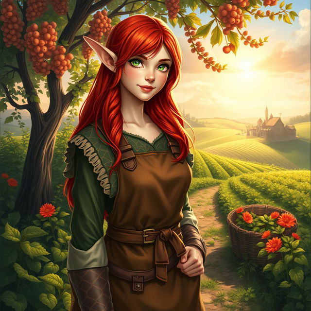 A full body fantasy style picture of a female half-elf farmer, featuring her vibrant red hair cascading down her shoulders and framing her face