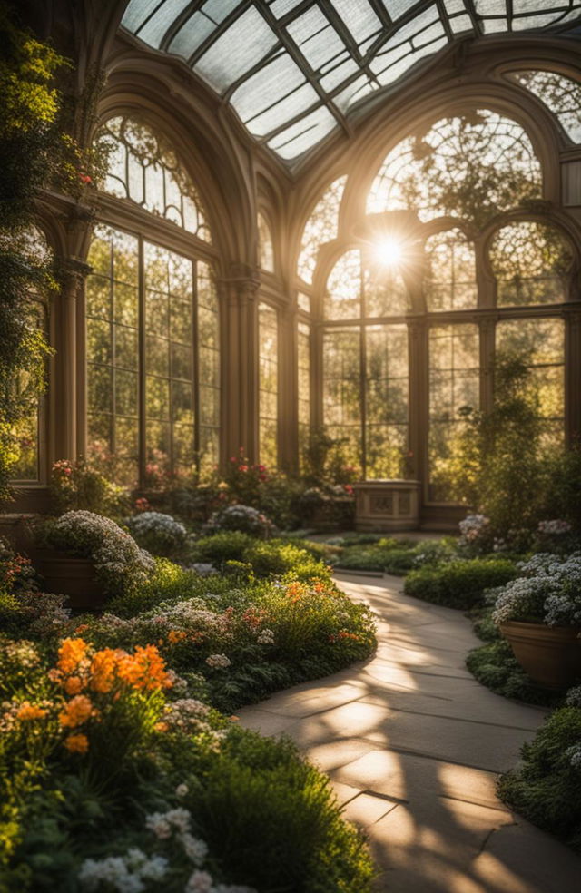 An in-focus, HD photograph of a magnificent rococo-style botanical conservatory with intricate stained glass floral designs