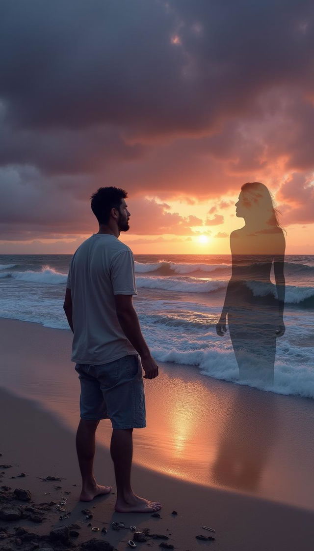 A haunting and emotional scene depicting a man standing on a desolate beach at sunset, looking out over turbulent ocean waves