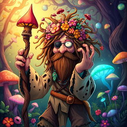 A quirky and imaginative illustration of a dirty hippie mushroom pirate druid, completely engrossed in a whimsical, magical atmosphere