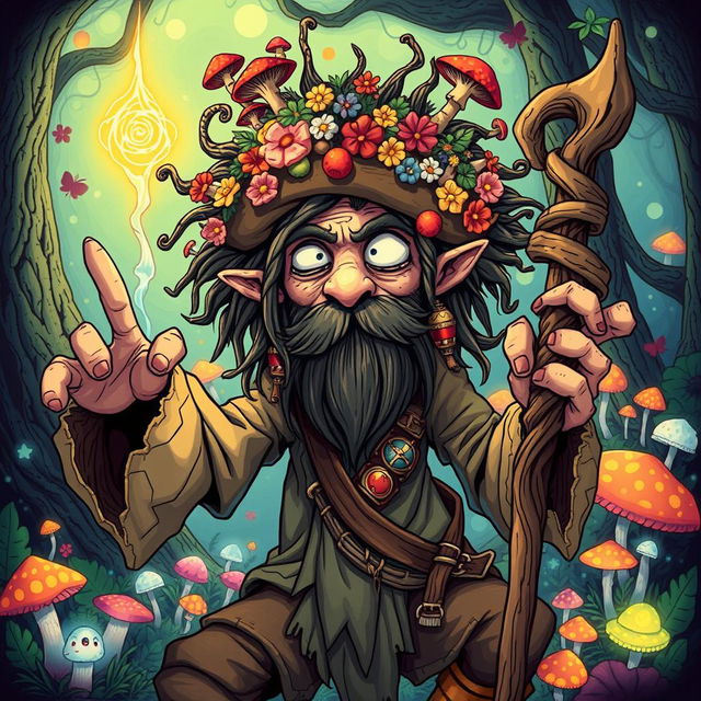 A quirky and imaginative illustration of a dirty hippie mushroom pirate druid, completely engrossed in a whimsical, magical atmosphere