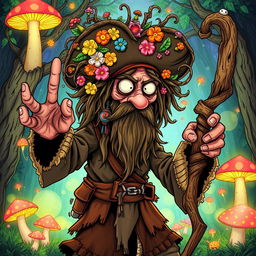 A quirky and imaginative illustration of a dirty hippie mushroom pirate druid, completely engrossed in a whimsical, magical atmosphere