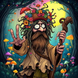 A quirky and imaginative illustration of a dirty hippie mushroom pirate druid, completely engrossed in a whimsical, magical atmosphere