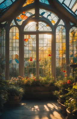 A high-definition, cinematic photograph of a Rococo-style botanical glasshouse with colorful stained glass floral patterns