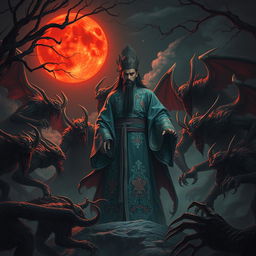 A gripping scene of a great Vietnamese mage surrounded by menacing demons in a dark, eerie night