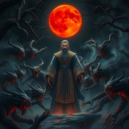 A gripping scene of a great Vietnamese mage surrounded by menacing demons in a dark, eerie night