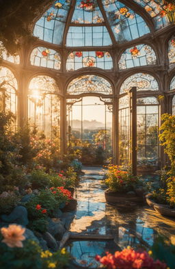 A high-definition, cinematic photograph of a Rococo-style botanical glasshouse with colorful stained glass floral patterns