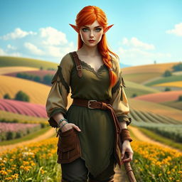 A total body photo of a female half-elf farmer with vibrant red hair and striking green eyes
