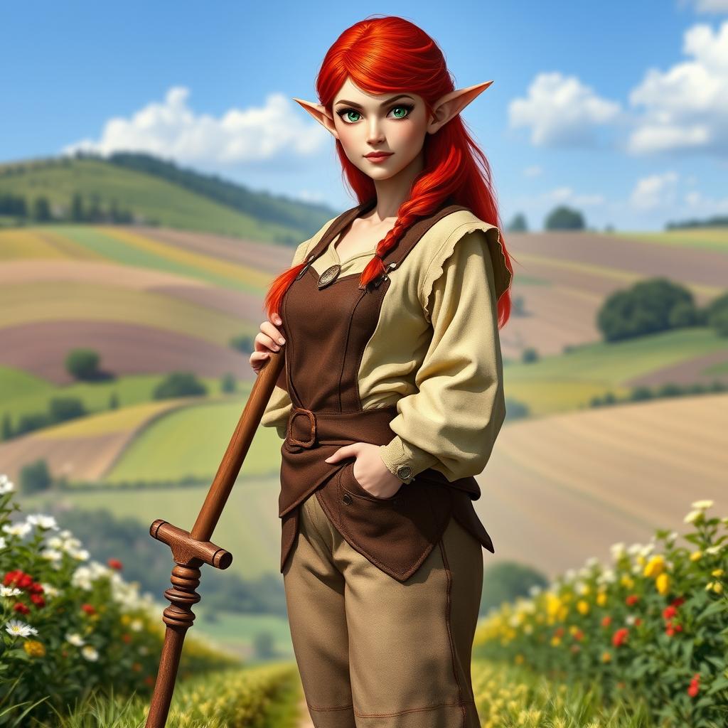 A total body photo of a female half-elf farmer with vibrant red hair and striking green eyes