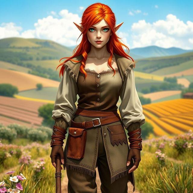 A total body photo of a female half-elf farmer with vibrant red hair and striking green eyes